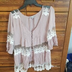Solemio Mauve Blouse with White Lace Trim